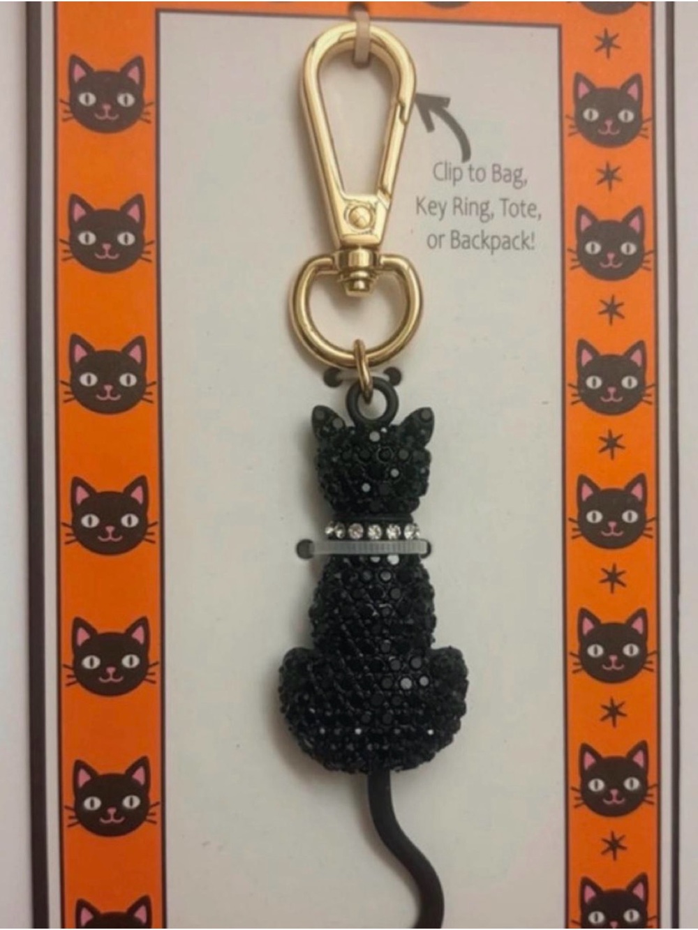 True to Form Black Crystal Cat Keychain with Gold Clip